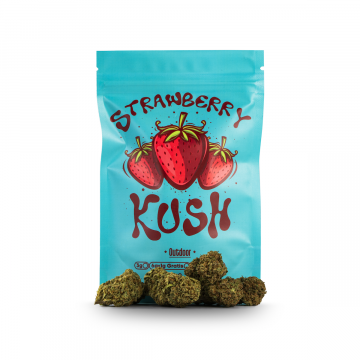 Imagen de la bolsa de packaing de los productos de CBD de Happy Flowers -Variedad CBD Strawberry Kush