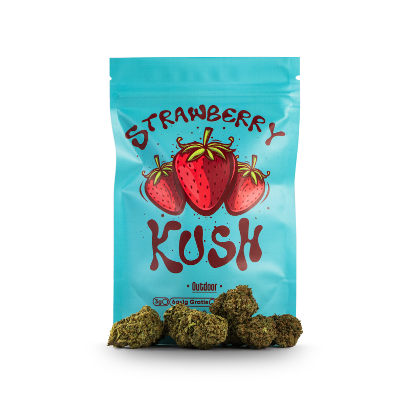 Imagen de la bolsa de packaing de los productos de CBD de Happy Flowers -Variedad CBD Strawberry Kush