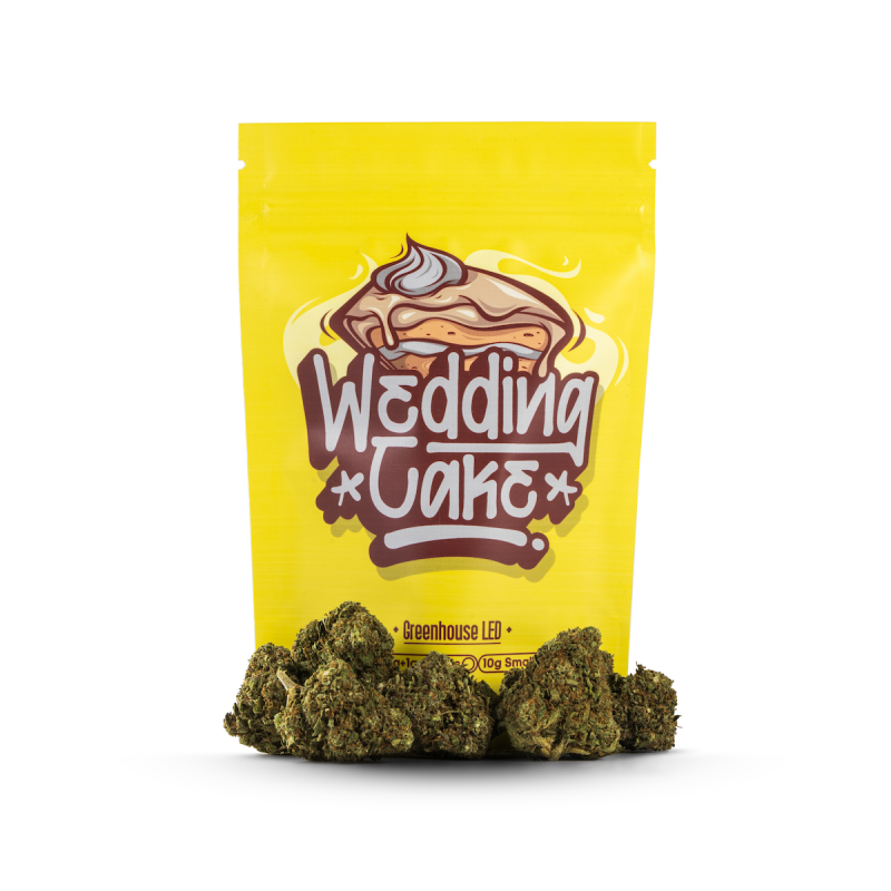 Imagen de la bolsa de packaing de los productos de CBD de Happy Flowers -Variedad CBD Wedding Cake